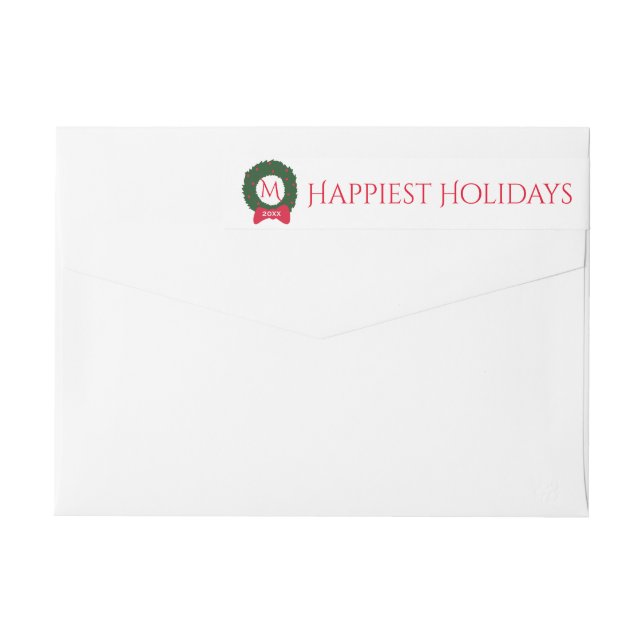Christmas Holiday Monogram Festive Wreath Custom Wrap Around Label (Back)