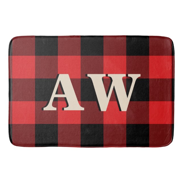 Christmas Holiday Monogram Red Black Gingham Bath Mat (Front)