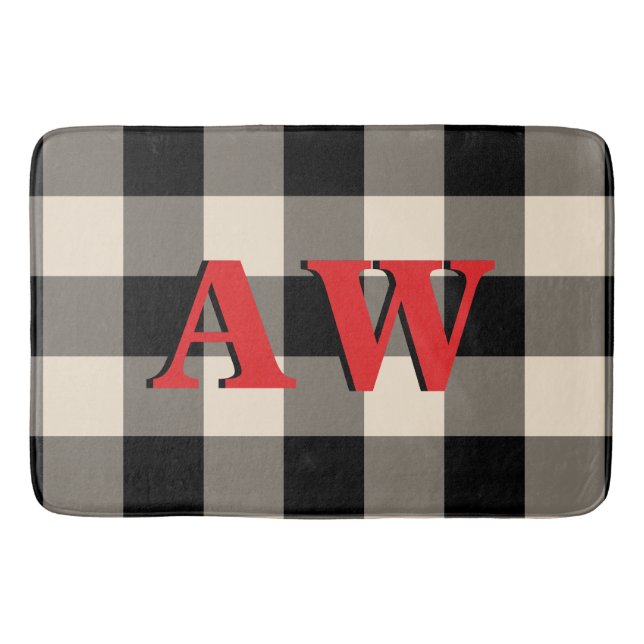 Christmas Holiday Monogram Red Black Ivory Gingham Bath Mat (Front)