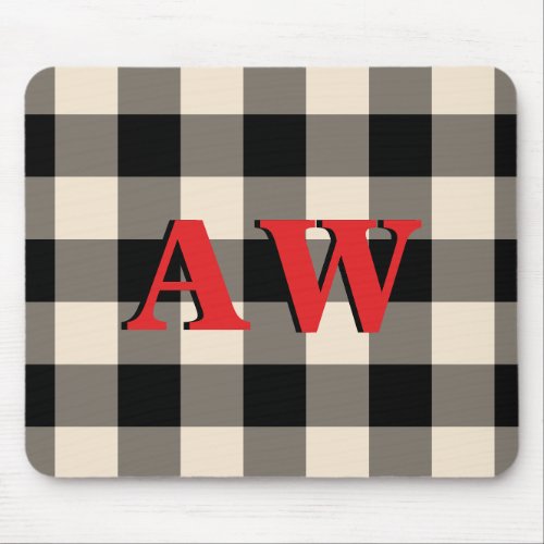 Christmas Holiday Monogram Red Ivory Black Gingham Mouse Pad