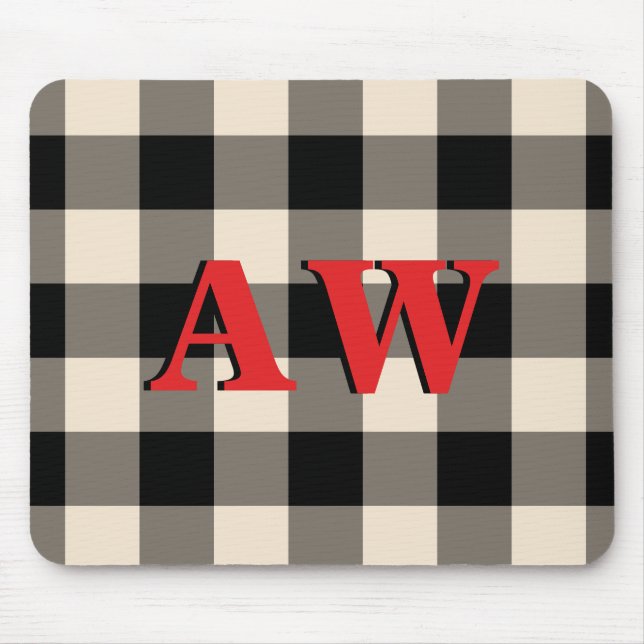 Christmas Holiday Monogram Red Ivory Black Gingham Mouse Pad (Front)