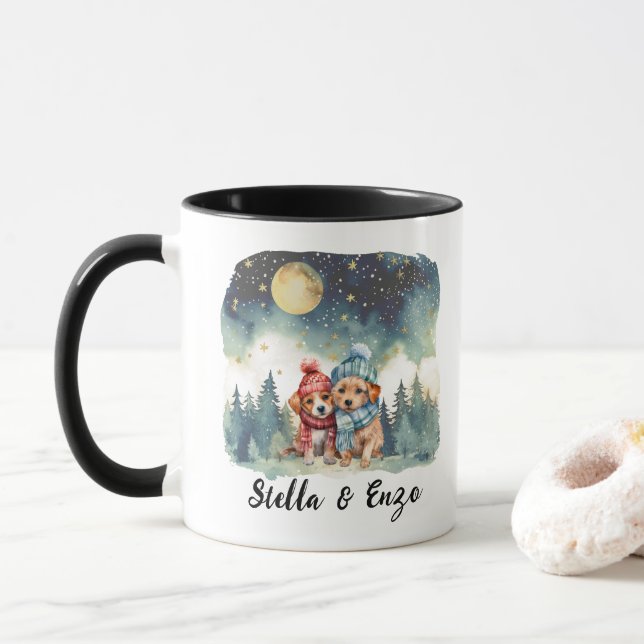 Christmas Holiday Moon Rustic Dog Couple Red Blue Mug (With Donut)
