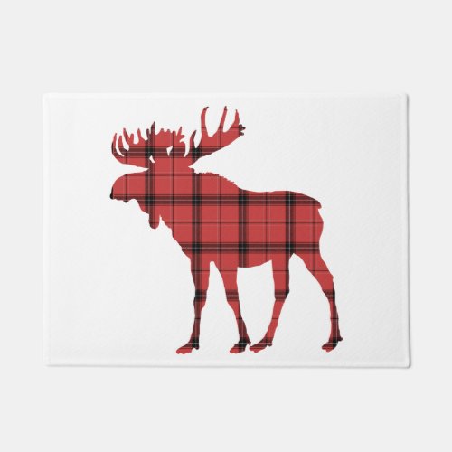 Christmas Holiday Moose Red Plaid Tartan Pattern Doormat