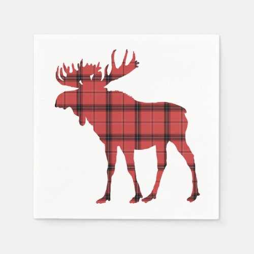 Christmas Holiday Moose Red Plaid Tartan Pattern Paper Napkins