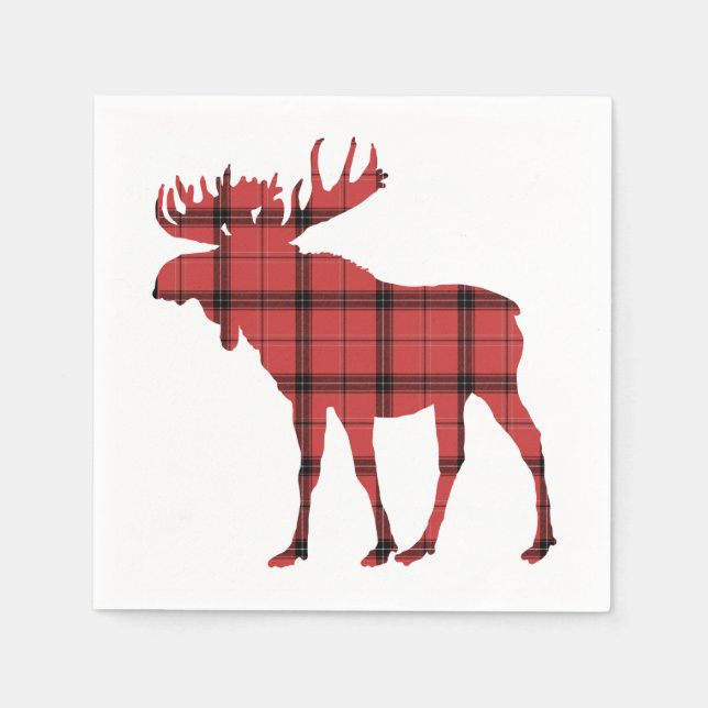 Christmas Holiday Moose Red Plaid Tartan Pattern Paper Napkins (Front)