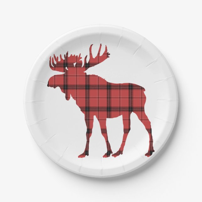 Christmas Holiday Moose Red Plaid Tartan Pattern Paper Plates (Front)