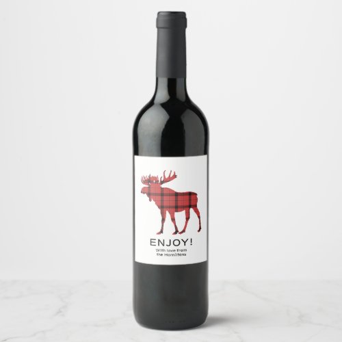 Christmas Holiday Moose Red Plaid Tartan Pattern Wine Label