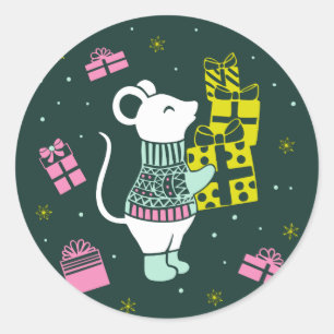 Christmas Holiday Mouse with Presents Illustration Classic Round Sticker