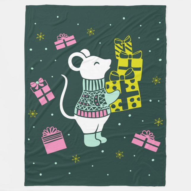 Christmas Holiday Mouse with Presents Illustration Fleece Blanket (Front)