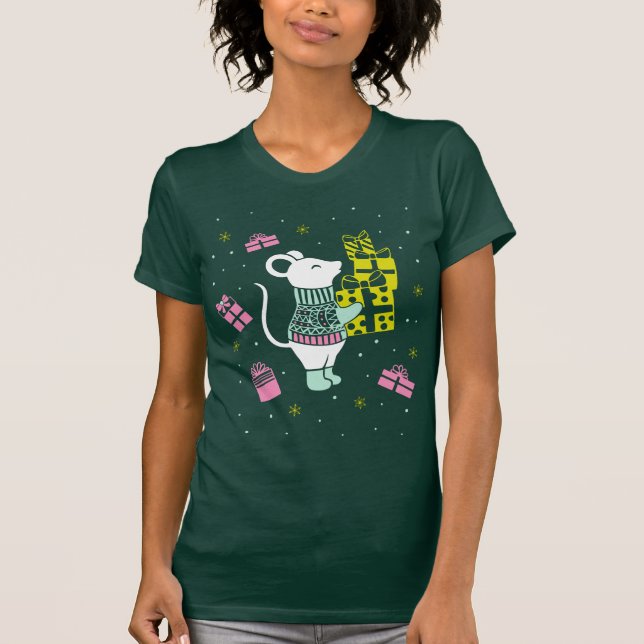 Christmas Holiday Mouse with Presents Illustration T-Shirt (Front)