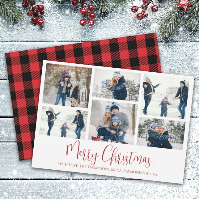 Christmas Holiday Multi 6 Photo Buffalo Plaid  Card (Merry Christmas red and black buffalo check multi-photo greeting card. )