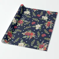 Christmas red orange burgundy navy blue white floral Wrapping Paper by Pink  Water