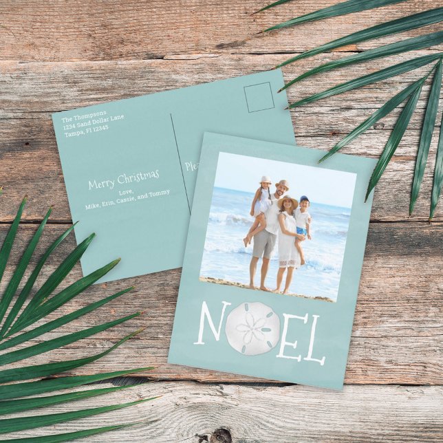Christmas Holiday Noel Photo Simple Beach Budget  (Holiday Christmas Noel Sand Dollar Beach Typography Postcard.)