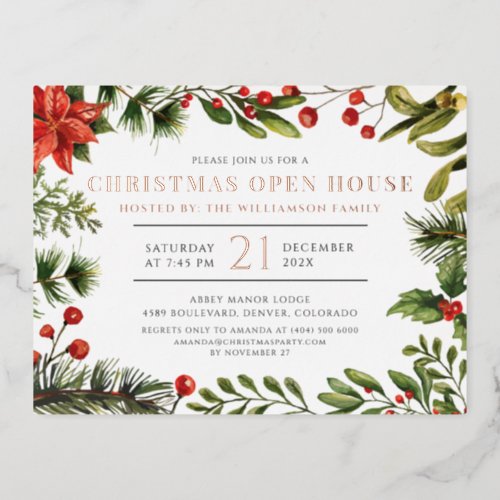 Christmas Holiday Open House Botanical Rose Gold Foil Invitation Postcard