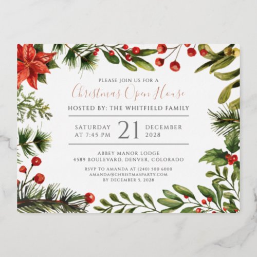 Christmas Holiday Open House Botanical Rose Gold Foil Invitation Postcard