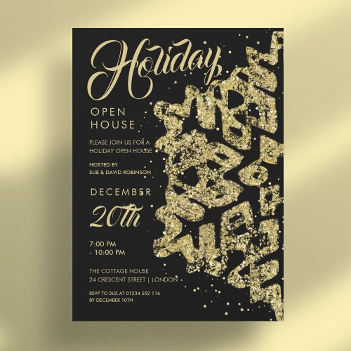 Christmas Holiday Open House Gold Glitter Black Invitation