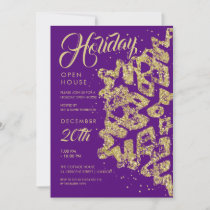 Christmas Holiday Open House Gold Glitter Purple  Invitation