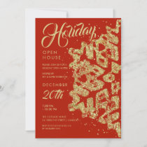 Christmas Holiday Open House Gold Glitter Red  Invitation