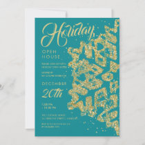 Christmas Holiday Open House Gold Glitter Teal  Invitation