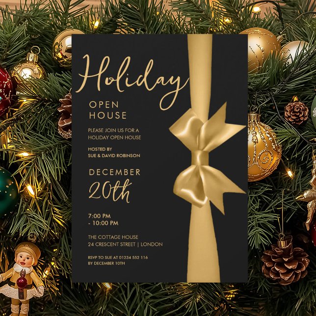 Christmas Holiday Open House Gold Ribbon Black Invitation (Christmas Holiday Open House Gold Ribbon Black Invitation)