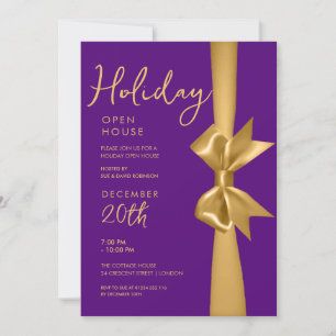 Christmas Holiday Open House Gold Ribbon Purple Invitation