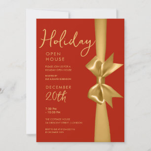 Christmas Holiday Open House Gold Ribbon Red Invitation