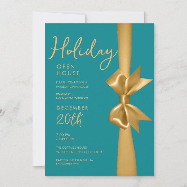 Christmas Holiday Open House Gold Ribbon Teal  Invitation (Front)