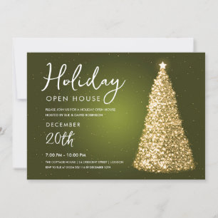 Christmas Holiday Open House Gold Tree Green Invitation