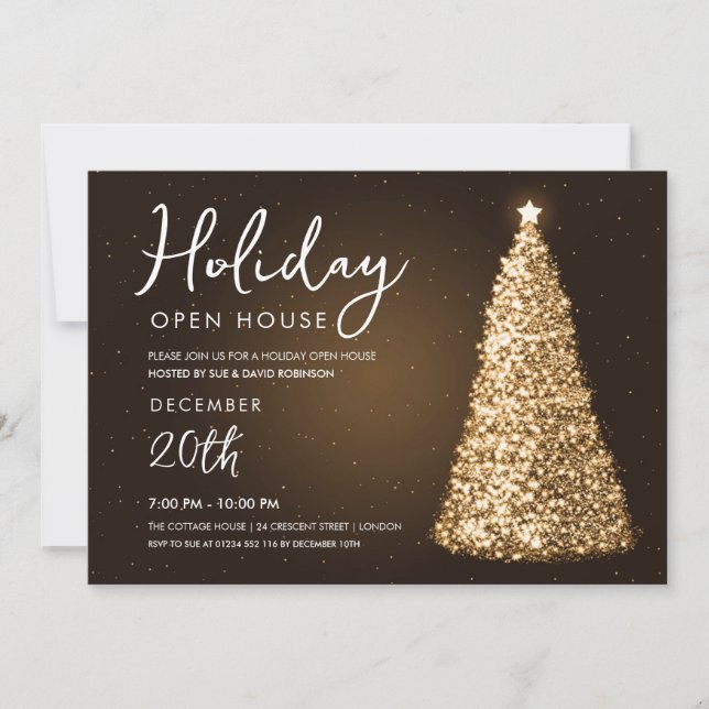 Christmas Holiday Open House Gold Tree  Invitation (Front)