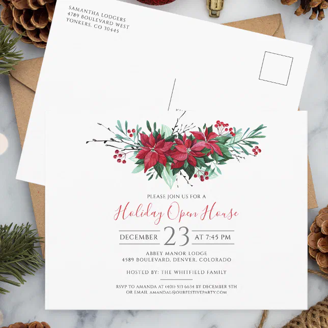 Christmas Holiday Open House Party Floral Invitation Postcard | Zazzle