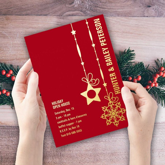 Christmas Holiday Open House Party Gold Foil Invitation (Festive Gold Foil Invitation for your Holiday Open House.  Available in four colors.)