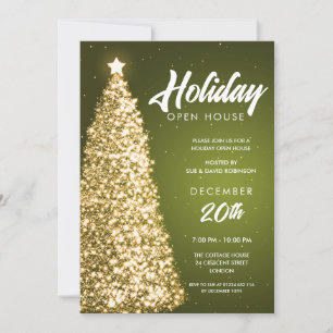Christmas Holiday Open House Party Green Gold Invitation