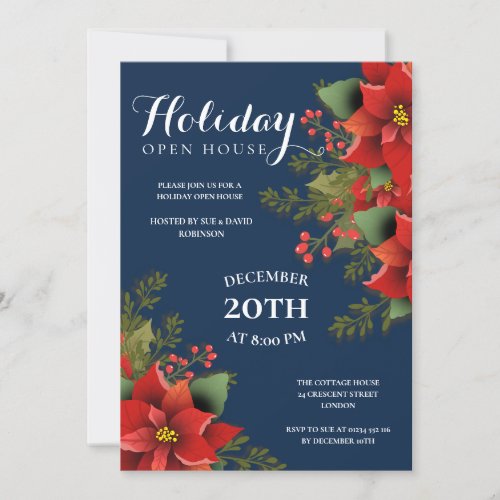 Christmas Holiday Open House Party Poinsettia Navy Invitation