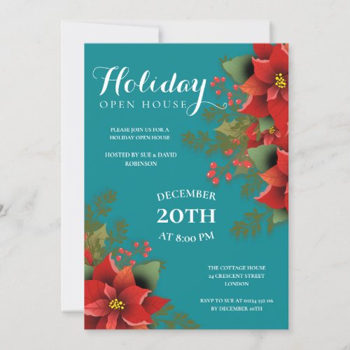 Christmas Holiday Open House Party Poinsettia Teal Invitation