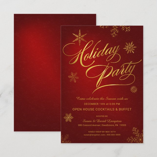 Christmas Holiday Open House Party Red & Gold Invitation (Front/Back)