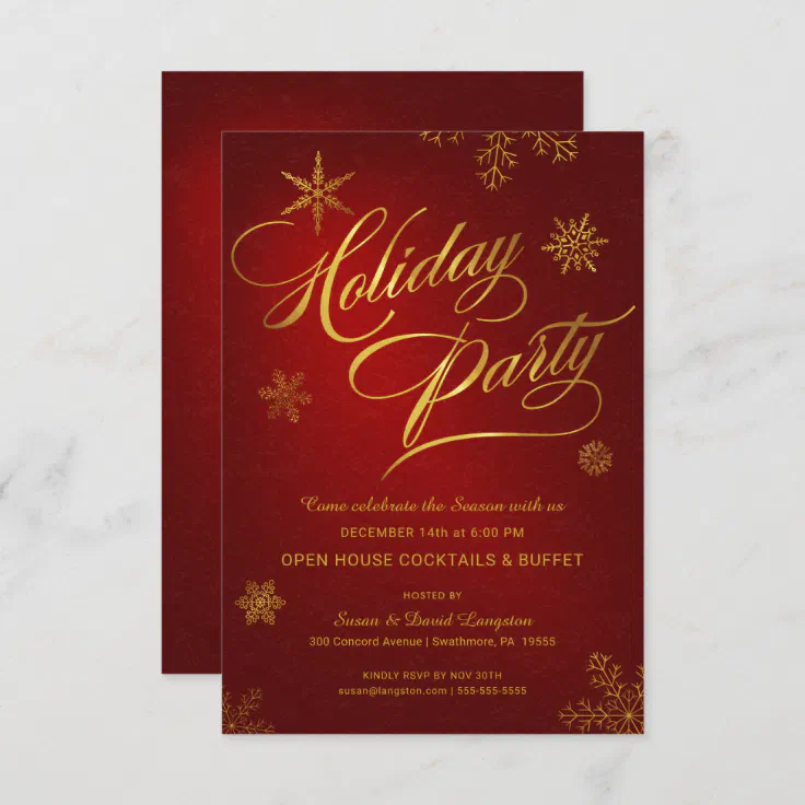 Christmas Holiday Open House Party Red & Gold Invitation | Zazzle