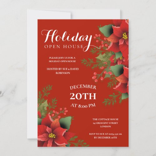 Christmas Holiday Open House Party Red Poinsettia  Invitation