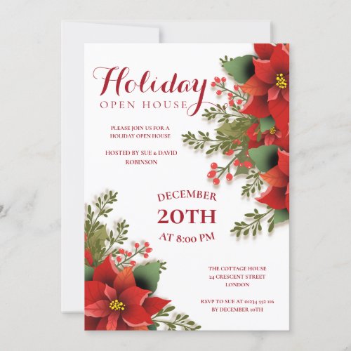 Christmas Holiday Open House Party Red Poinsettia  Invitation