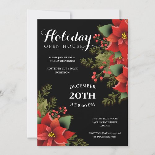 Christmas Holiday Open House Party Red Poinsettia  Invitation