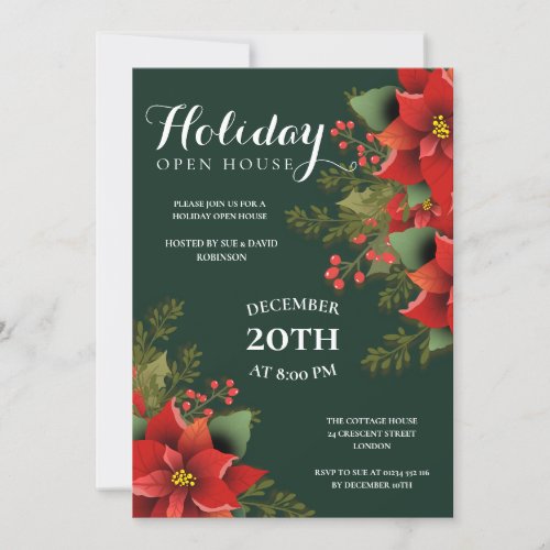 Christmas Holiday Open House Poinsettia Green Invitation