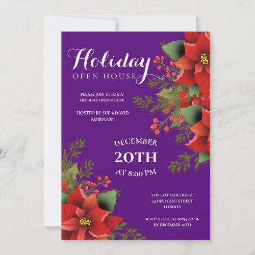 Christmas Holiday Open House Poinsettia Purple Invitation