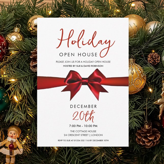 Christmas Holiday Open House Red Bow  Invitation (Christmas Holiday Open House Red Bow Invitation)