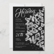 Christmas Holiday Open House Silver Glitter Black Invitation