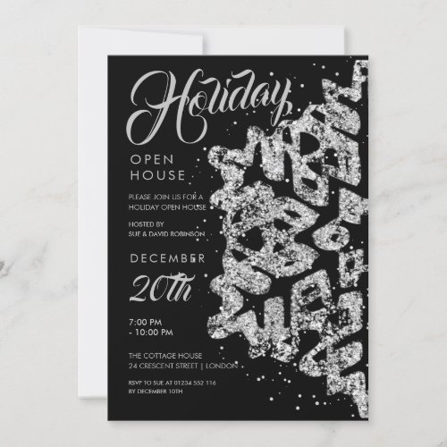 Christmas Holiday Open House Silver Glitter Black Invitation