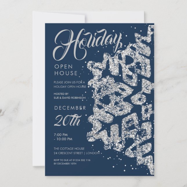 Christmas Holiday Open House Silver Glitter Navy Invitation (Front)