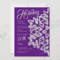 Christmas Holiday Open House Silver Glitter Purple Invitation