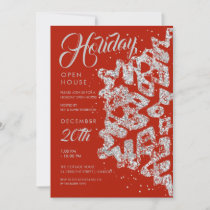 Christmas Holiday Open House Silver Glitter Red  Invitation