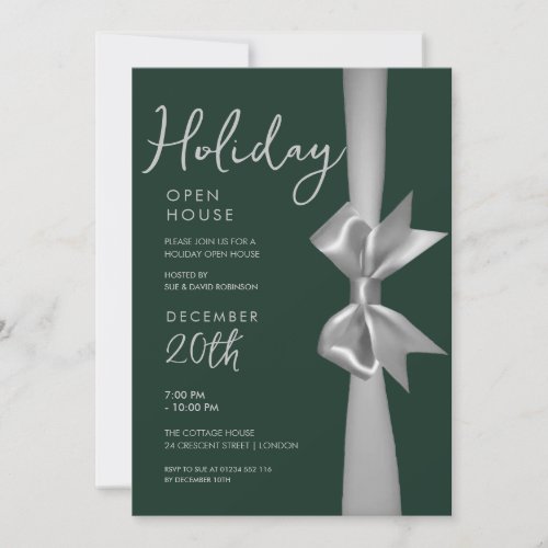 Christmas Holiday Open House Silver Ribbon Green Invitation