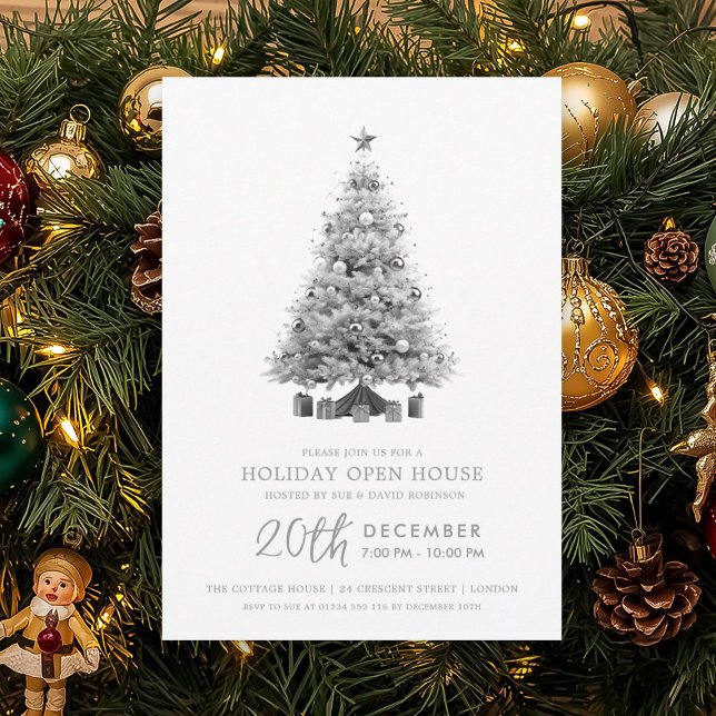 Christmas Holiday Open House Silver Xmas Tree  Invitation (Christmas Holiday Open House Silver Xmas Tree Invitation)