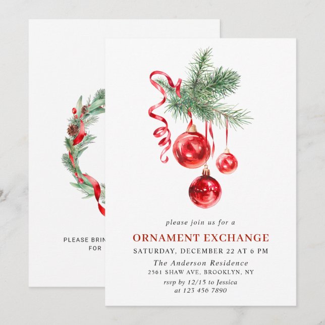 Christmas Holiday Ornament Exchange Party Invitation (Front/Back)
